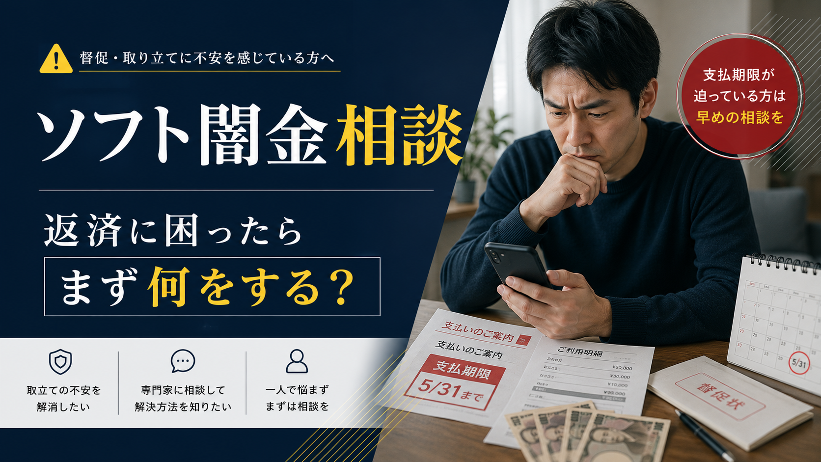 ソフト闇金の返済に悩み、スマートフォンを見ながら不安そうに考える男性と、支払期限や督促を示す書類を描いた相談記事のアイキャッチ画像。